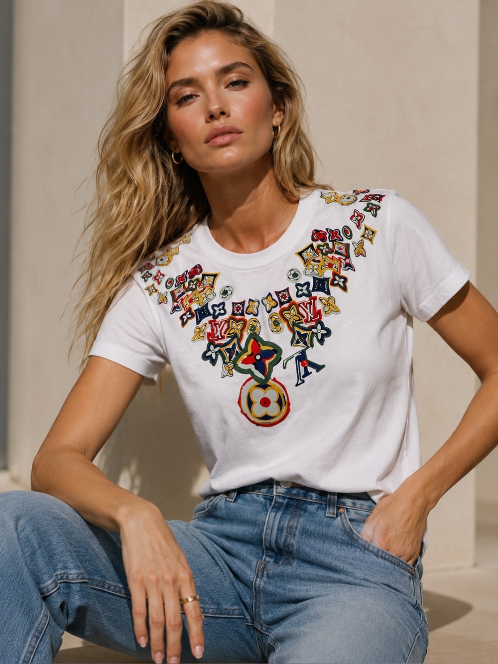 Multicolor Appliqué Art Tee XS | 100% Cotton Statement Top